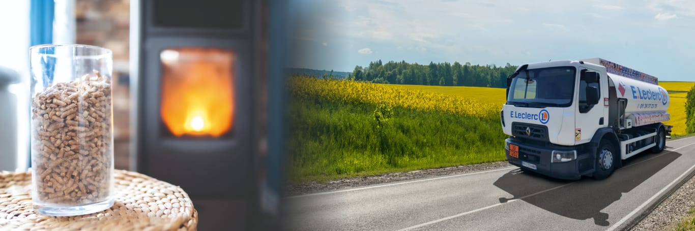 Granulés bois devant un poêle et camion de livraison de fioul Aubins Fioul & Pellets E.Leclerc