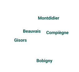 Carte de l'Oise et alentours (60, 95, 93, 77, 78, 27, 76, 80, 02) : Montdidier, Beauvais, Compiègne, Bobigny, Gisors